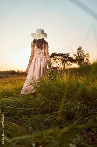 Romantic atmosphere of the sunset in the field