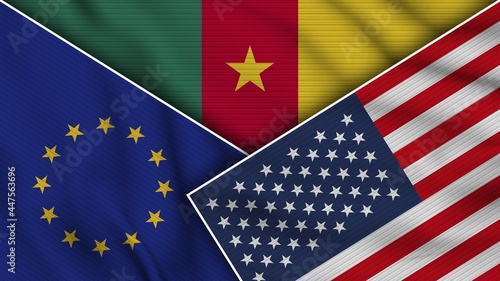 Cameroon United States of America European Union Flags Together Fabric Texture Effect Illustration