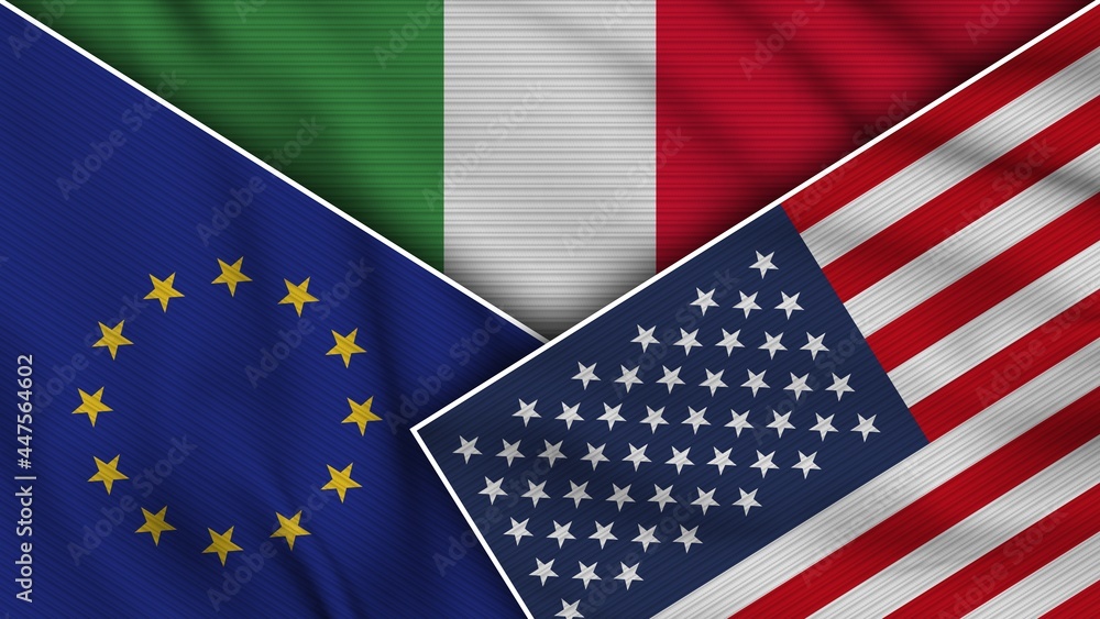 Fototapeta premium Italy United States of America European Union Flags Together Fabric Texture Effect Illustration
