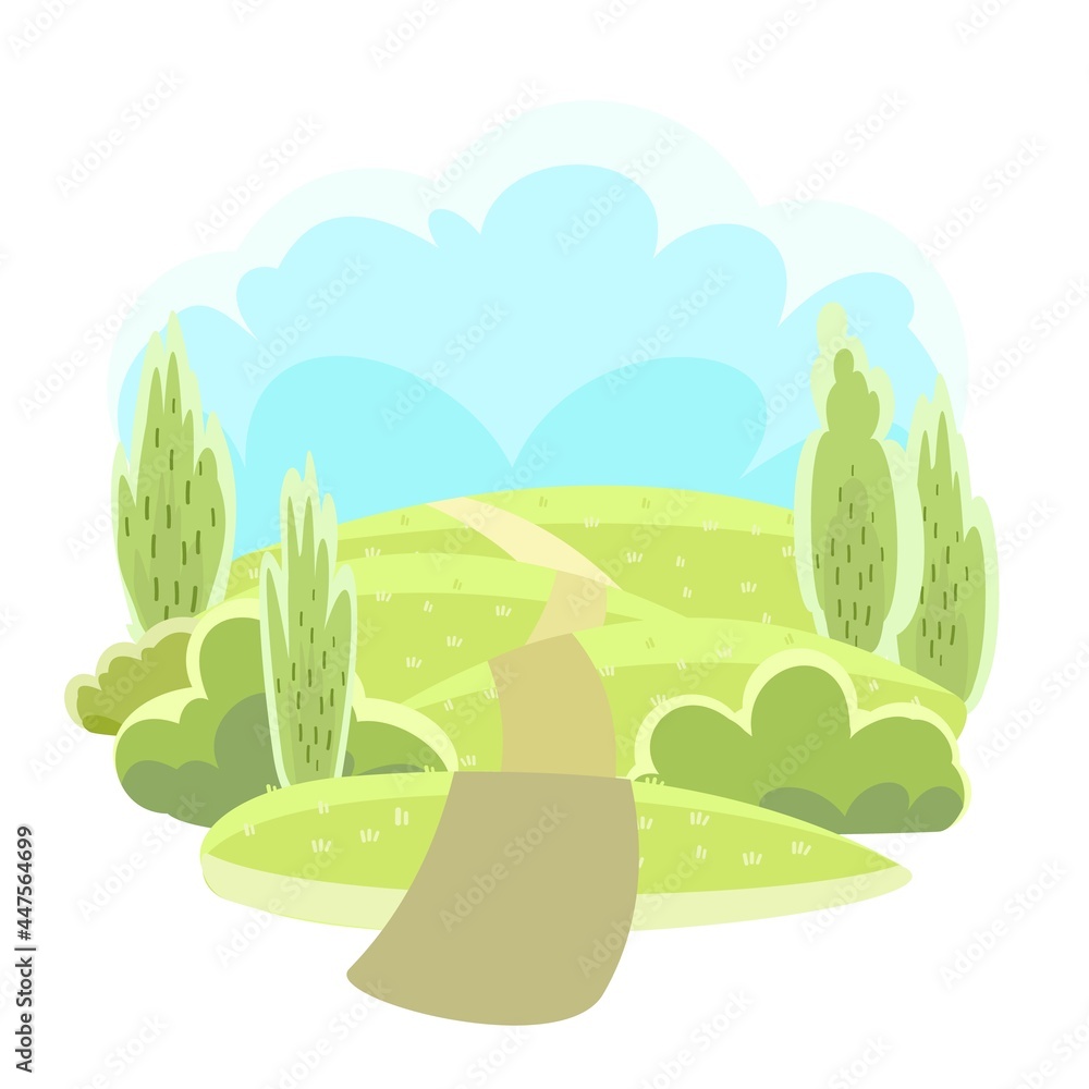 Road. Amusing beautiful forest landscape. Trail. Cartoon style. Leaves. The path through the hills with grass. Cool romantic beauty. Flat design illustration. Vector art