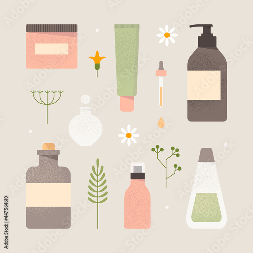 Natural organic cosmetics set. Collection of eco friendly herbal beauty products. Packaging, containers. Skincare, body care concept. Oil, cream, scrub for skin care. Isolated vector illustration