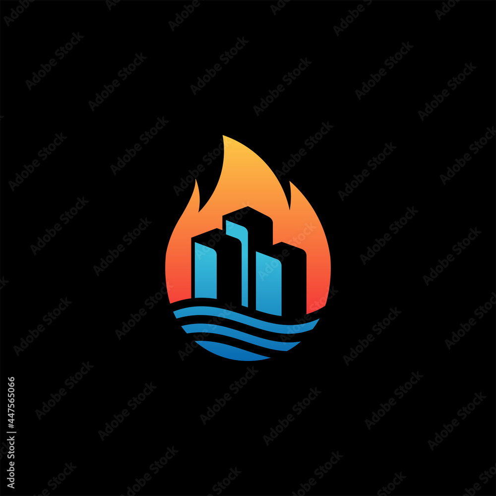 building burning Fire fluid logo design Simple illustrations building burning Fire fluid logo design Simple illustrations