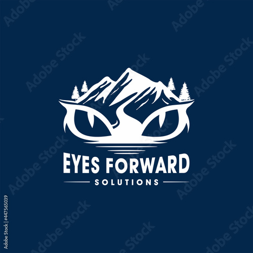 Eye cat mountain forest retro logo design illustration 