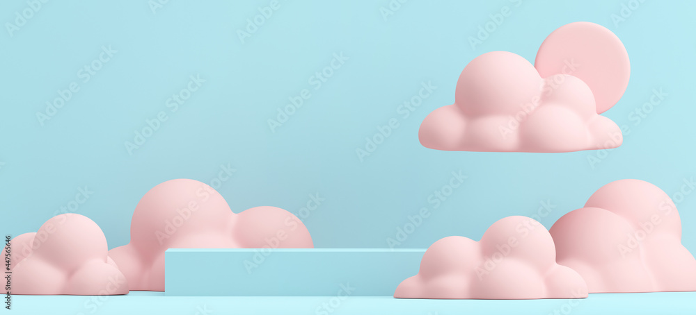 Minimal beverage background for beverage presentation. Blue podium and pink cloud scene. Café poster templates mock up. Clipping path of each element included. 3d rendering illustration. Minimal beverage background for beverage presentation. Blue podium and pink cloud scene. Café poster templates mock up. Clipping path of each element included. 3d rendering illustration.