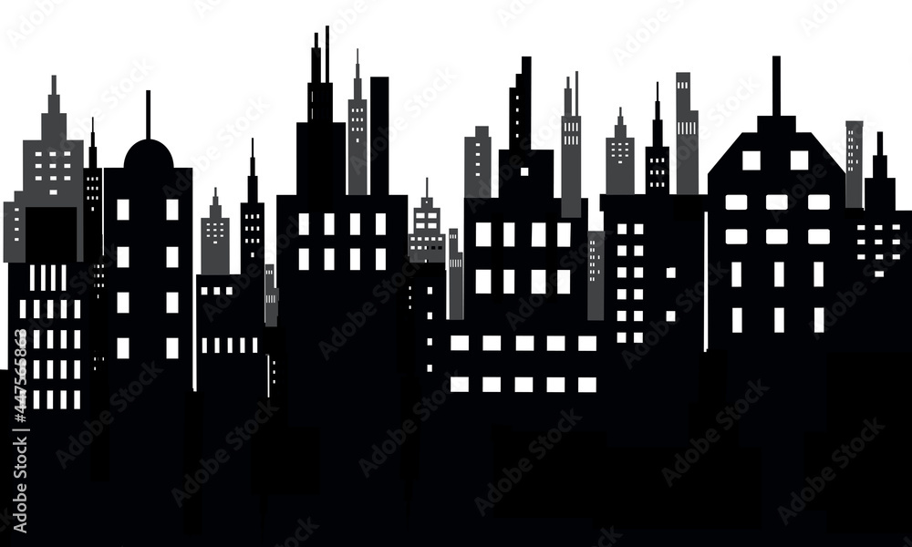 Black and white sihouette of big city skyline