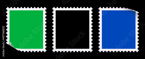 Vector set of postage stamps with a green and blue fields for chroma keying. Postmarks with a perforated frames and folded corners. Realistic clipart on the black background.