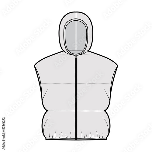 Hooded Down vest puffer waistcoat technical fashion illustration with zip-up closure, loose fit, crop length, wide quilting. Flat template front, grey color style. Women, men, unisex top CAD mockup