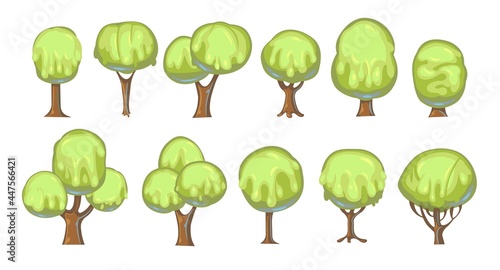 Set of fabulous sweet trees. For landscapes with green caramel, ice cream or jelly. Perspiration. Childrens fun illustration. Cartoon style. Vector.