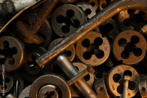 old rusty locksmith dies and taps for tapping. Lie box top view.