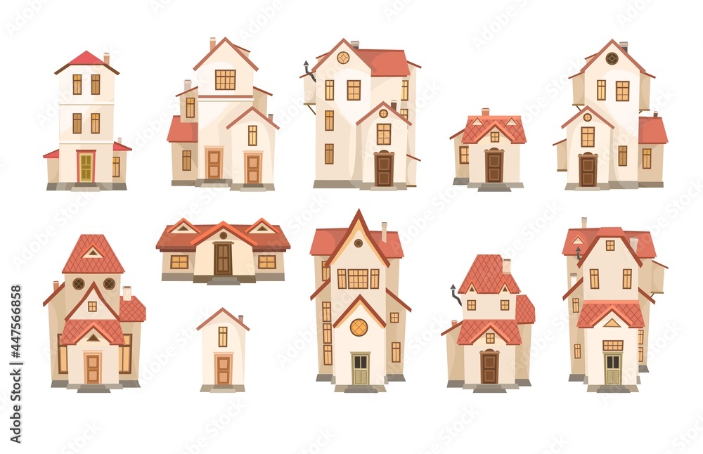A large set of cartoon white houses with a red roof. A beautiful, cozy country house in a traditional European style. Collection of Cute funny homes. Isolated on white background. Vector