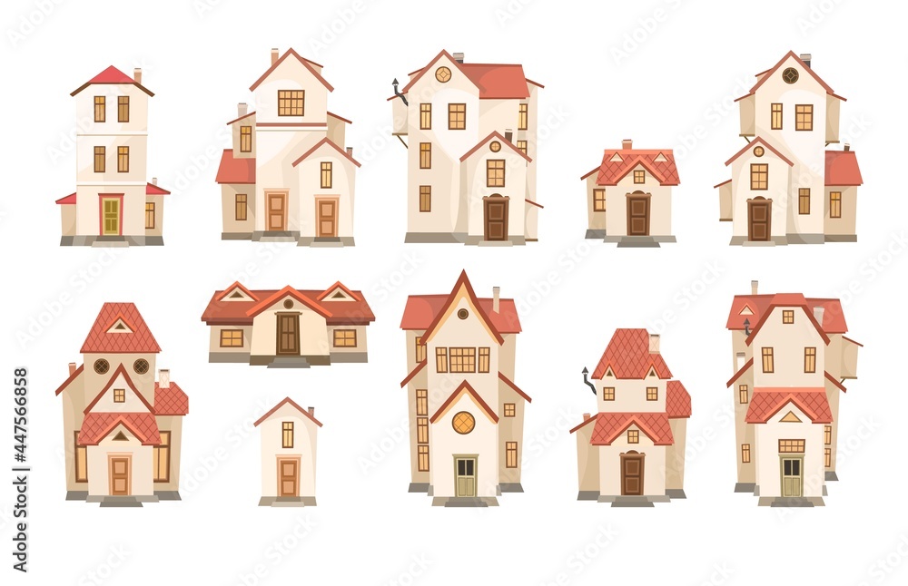 A large set of cartoon white houses with a red roof. A beautiful, cozy country house in a traditional European style. Collection of Cute funny homes. Isolated on white background. Vector A large set of cartoon white houses with a red roof. A beautiful, cozy country house in a traditional European style. Collection of Cute funny homes. Isolated on white background. Vector