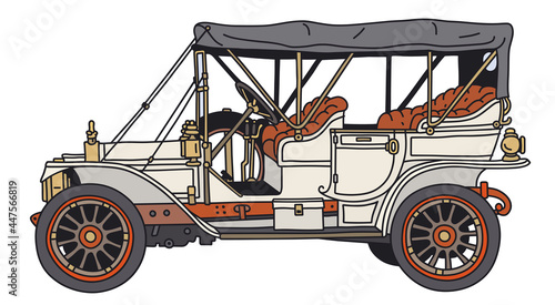 The vectorized hand drawing of a vintage white car