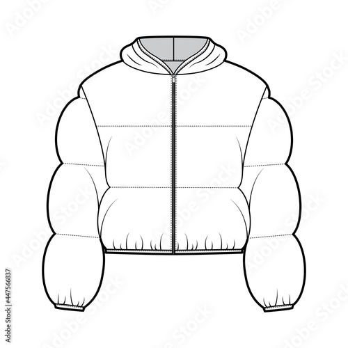 Hooded jacket Down puffer coat technical fashion illustration with long sleeves, zip-up closure, boxy fit, crop length, wide quilting. Flat template front, white color. Women, men top CAD