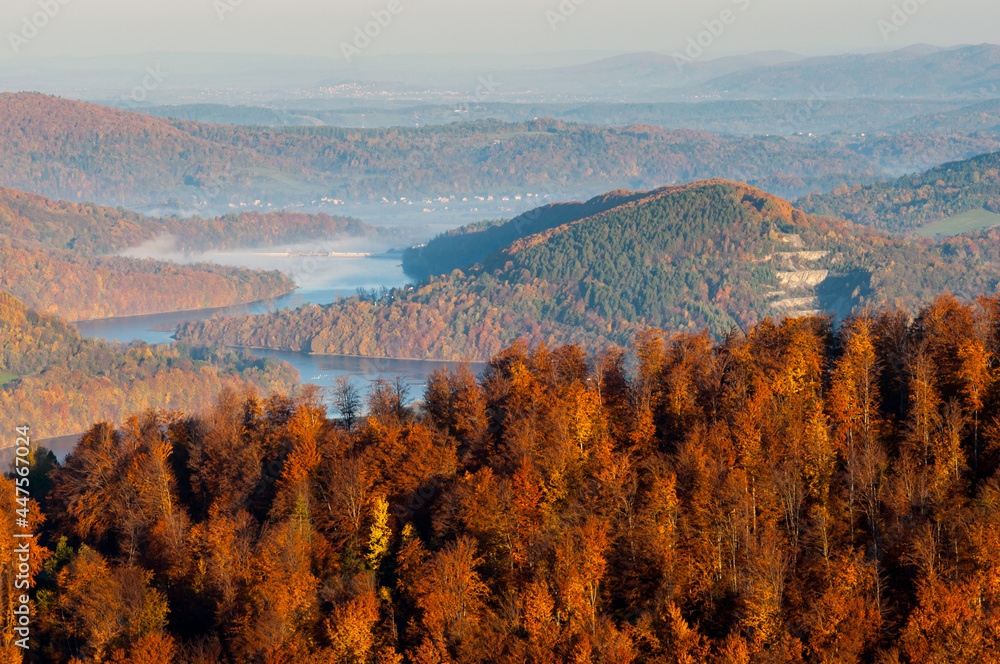 Solina Lake at autumn sunrise, Solina, Polańczyk, Bieszczady, sunrise