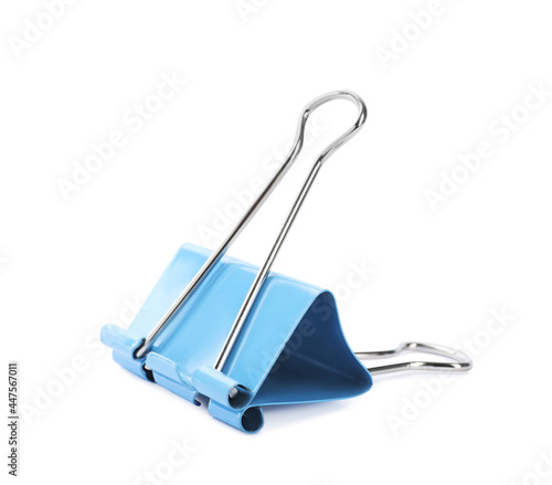 Light blue binder clip isolated on white. Stationery