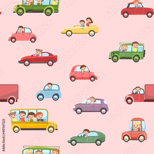 Children drive cars. Seamless cartoon pattern. Kids motorists. Childrens background illustration. Various automobiles. Toy vehicle  motor. Car and truck auto. Vector