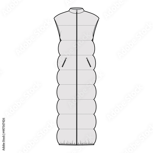 Down vest puffer waistcoat technical fashion illustration with sleeveless, stand collar, zip-up closure, maxi length, wide quilting. Flat template front, grey color. Women, men, unisex top CAD mockup