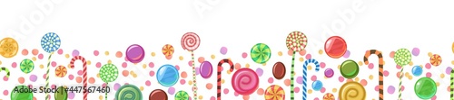 Sweets and scattered. Seamless. Assorted lollipop dessert interspersed. Candy caramel with stick. Bottom seamless border. Flat Background illustration. Vector