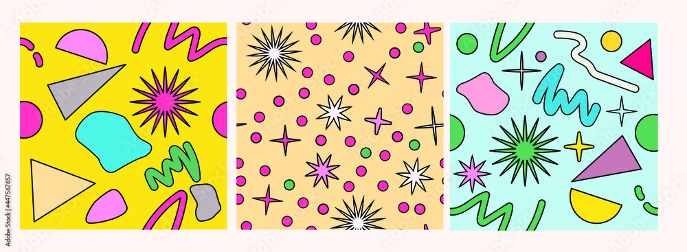 Neo-memphis seamless pattern with different geometric shapes. Retro 80's-90's style.