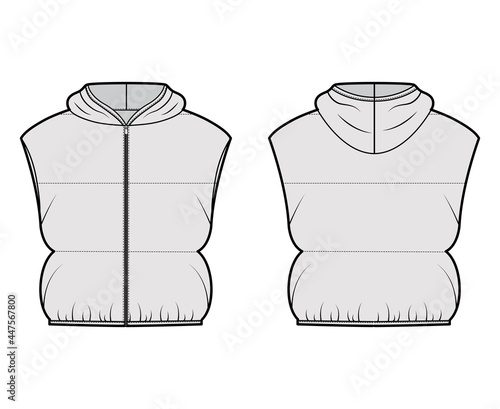 Hooded Down vest puffer waistcoat technical fashion illustration with zip-up closure, loose fit, crop length, wide quilting. Flat template front, back, grey color. Women, men, unisex top CAD mockup