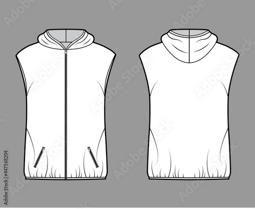 Hooded Down vest puffer waistcoat technical fashion illustration with zip-up closure, pockets, oversized body, hip length. Flat template front, back, white color style. Women men unisex top CAD mockup