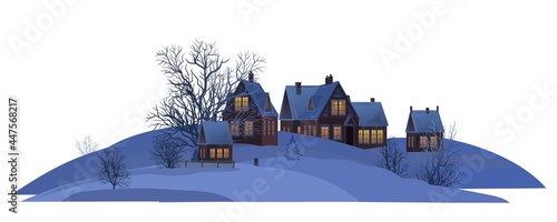 Village. Rural houses in winter. Christmas. Quiet frosty evening. Gable roof is covered with snow. Nice and cozy countryside landscape. Isolated, Flat cartoon style. Vector art