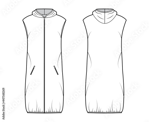 Down vest puffer waistcoat technical fashion illustration with sleeveless, hoody collar, zip-up closure, loose fit, knee length. Flat template front, back, white color style. Women, men top CAD mockup