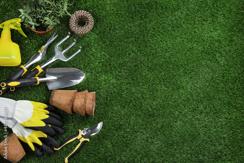 Slika na platnu Flat lay composition with gardening tools and plant on green grass, space for te