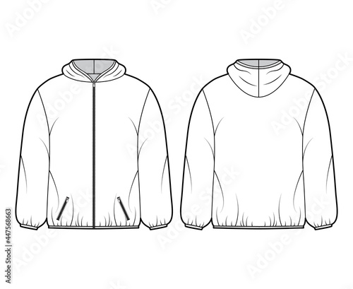 Puffer coat jacket technical fashion illustration with long sleeves, hoody collar, zip-up closure, pockets, boxy fit, hip length. Flat template front, back, white color style. Women men unisex top CAD