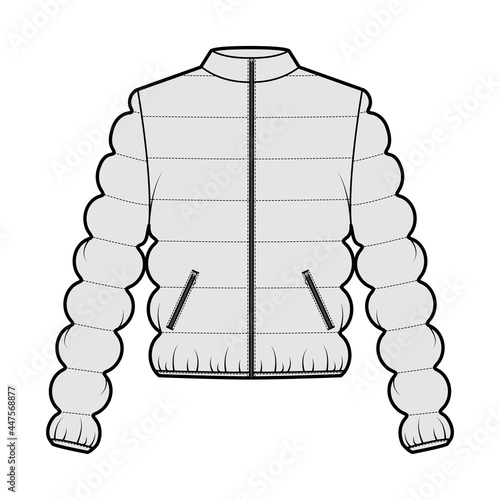 Down puffer coat jacket technical fashion illustration with long sleeves, stand collar, pockets, hip length, classic quilting. Flat template front, grey color style. Women, men, unisex top CAD mockup