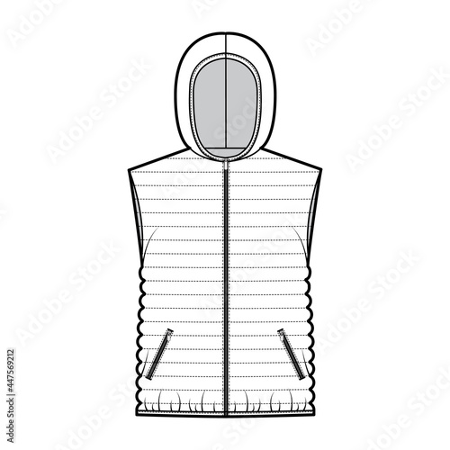 Down vest puffer waistcoat technical fashion illustration with sleeveless, hoody collar, zip-up closure, hip length, narrow quilting. Flat template front, white color style. Women, men top CAD mockup