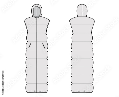Down vest puffer waistcoat technical fashion illustration with sleeveless, hoody collar, zip-up closure, wide quilting. Flat template front, back, grey color style. Women, men, unisex top CAD mockup