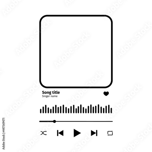 Song plaque with buttons, loading bar, equalizer sign and frame for album photo. Trendy music player interface as template for romantic gift. Vector outline illustration.