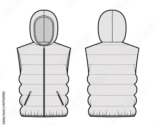 Hooded Down vest puffer waistcoat technical fashion illustration with sleeveless, loose fit, hip length, classic quilting. Flat template front, back grey color style. Women, men, unisex top CAD mockup