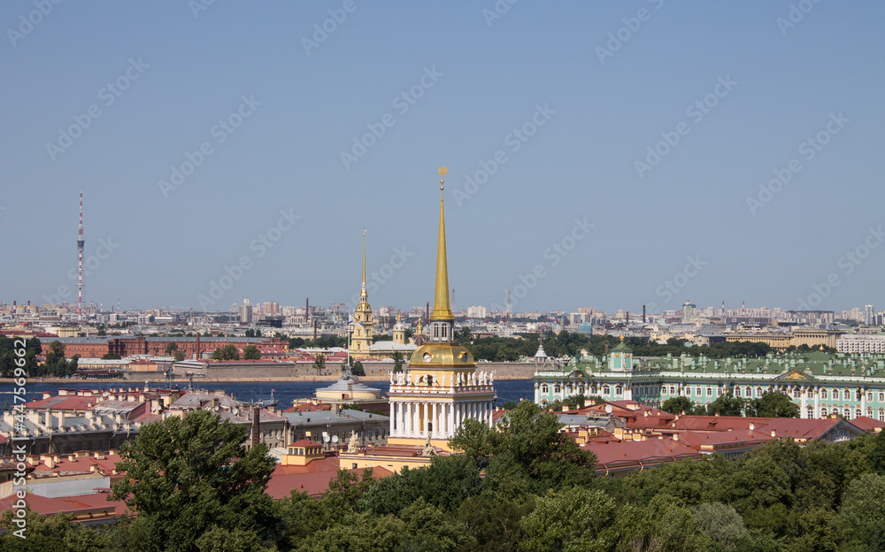 panoramic top view of the historical center of the city and the high spire of the Admiralty on a sunny summer day and a space for copying in Saint-Petersburg