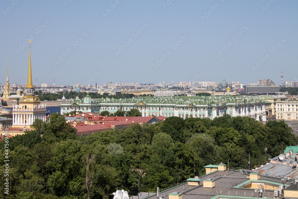 panoramic top view of the historical center of the city and the high spire of the Admiralty on a sunny summer day and a space for copying in Saint-Petersburg