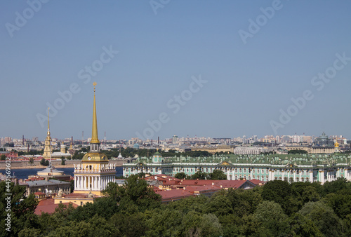 panoramic top view of the historical part of the city and the spire of the Admiralty building and the blue sky on a sunny summer day in Saint-Petersburg Russia