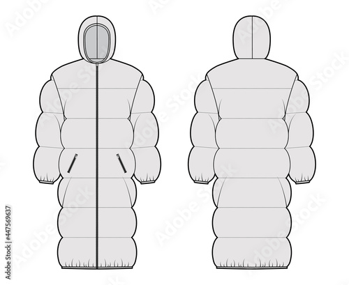 Down puffer coat jacket technical fashion illustration with long sleeves, hoody collar, zip-up closure, oversized, knee length, wide quilting. Flat template front, back, grey color style. Women, CAD