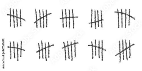 Charcoal tally marks. Hand drawn sticks sorted by four and crossed out by slash line. Day counting symbols on prison wall. Unary numeral system signs isolated on white background. Vector illustration