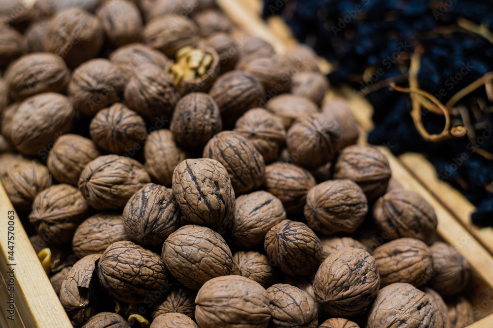 Walnuts on a sale at street market stall Walnuts on a sale at street market stall