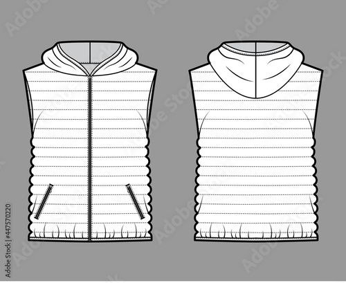 Down vest puffer waistcoat technical fashion illustration with sleeveless, hoody collar, zip-up closure, hip length, narrow quilting. Flat template front, back, white color style. Women men CAD mockup