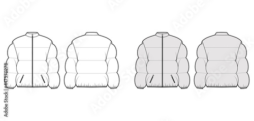 Down puffer coat jacket technical fashion illustration with stand collar, zip-up closure, pockets, boxy fit, wide quilting. Flat template front, back, white, grey color. Women, unisex top CAD mockup