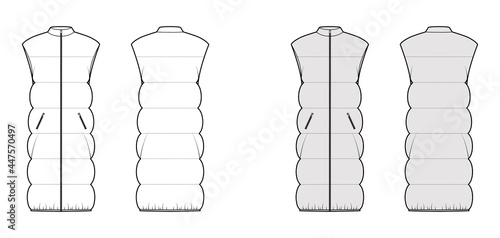 Down vest puffer waistcoat technical fashion illustration with sleeveless, stand collar, knee length, wide quilting. Flat template front, back, white, grey color style. Women men unisex top CAD mockup