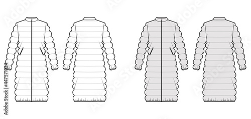 Coat quilted shell down jacket puffer technical fashion illustration with long sleeves, stand collar, oversized. Flat template front, back, white, grey color style. Women, men, unisex top CAD mockup