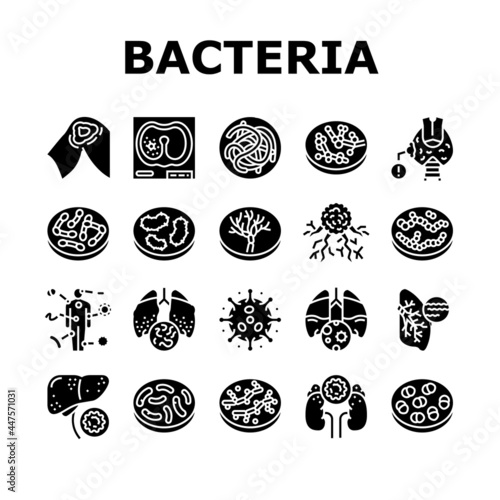 Bacteria Infection Collection Icons Set Vector. Candida Bacteria And Plague, Cancer Cell And Thyroid Disease, Cutaneous Mucormycosis And Parasit Worms Glyph Pictograms Black Illustrations