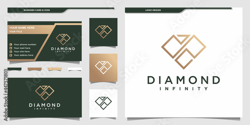 Diamond logo with infinity line art shape and business card Premium Vector