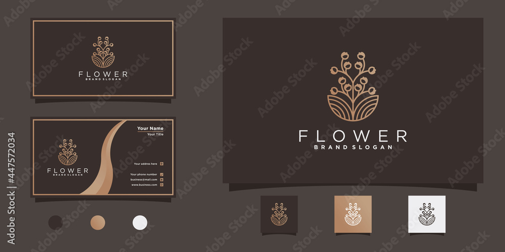 Fototapeta premium Creative flower logo design with unique flower line art shape and business card design premium vekto