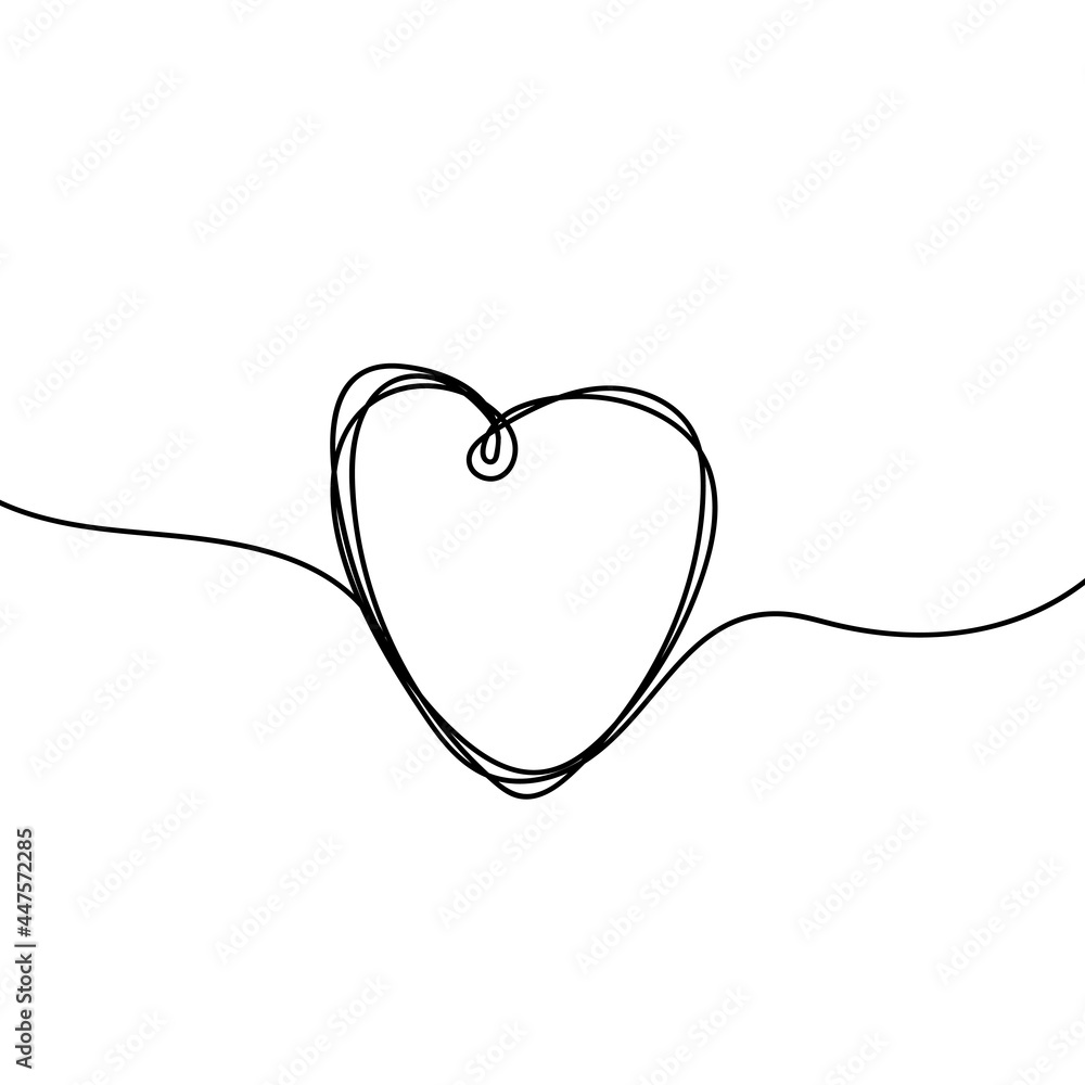 Obraz premium Continuous thin line heart vector illustration, minimalist love sketch doodle. One line art valentine icon, single wedding outline drawing or simple heart logo