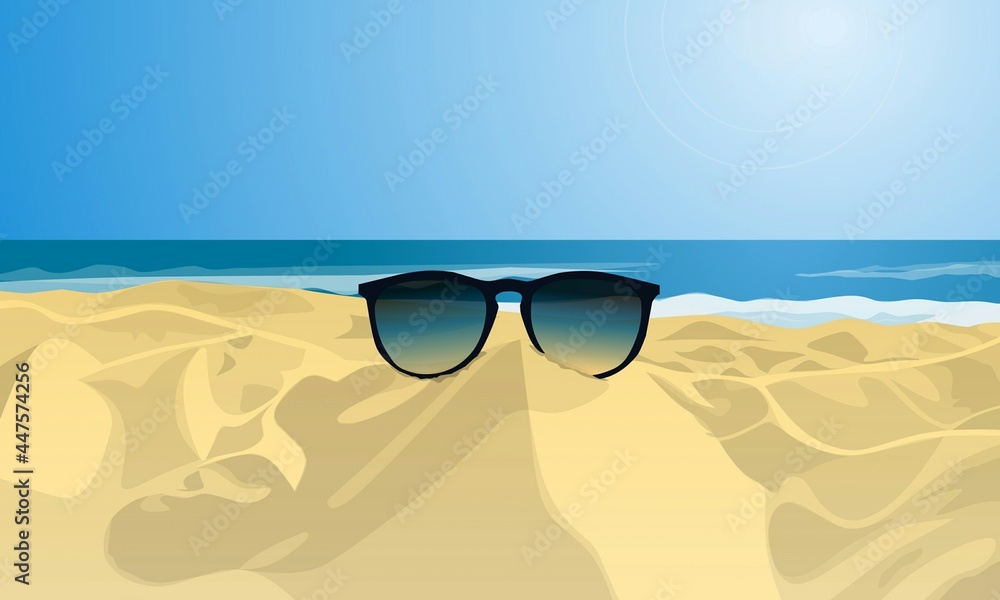 Illustration of glasses, beach, sea and clear sky. Vector illustration. 