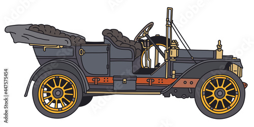 The vectorized hand drawing of a vintage black open car